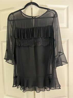 BCBGeneration Black Sheer Ruffle Lace Blouse